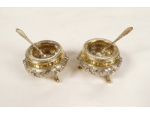 Pair of solid silver vermeil 800 salt shakers fruit spoons 19th century