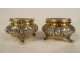 Pair of solid silver vermeil 800 salt shakers fruit spoons 19th century