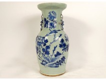 Porcelain baluster vase China White-Blue green celadon bird peonies 20th century