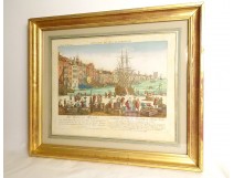 Watercolored optical view of the Port of Marseille, people, boat, Leizelt, 1778