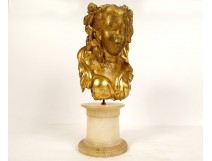 Sculpture bust young woman flowers carved wood gilded chinoiserie XVIIIth