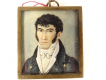 Small painted miniature portrait of a gentleman with embroidered initials Empire 19th century