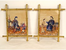 Pair of Chinese rice paper paintings Mandarin characters Canton school 19th century