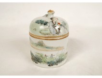 Tea box pot covered cup Chinese porcelain woman calligraphy 19th century