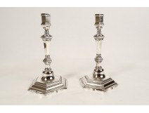 Pair of Louis XV solid silver candlesticks Fermiers Généraux Rennes 1154gr 18th