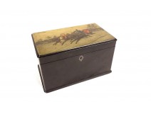 Russian lacquered tea box Lukutin riders carriage Troika landscape 19th century