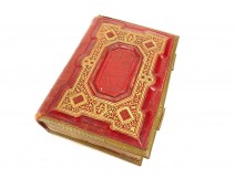 Red leather photo album embossed with gilded brass iron book late 19th century