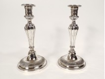 Pair of Louis XVI candlesticks, silver-plated bronze, 18th century