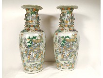 Pair of large porcelain vases, Chinese famille verte, palace scene, dragons, 19th century