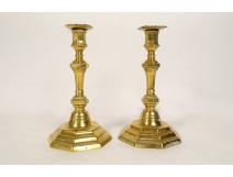 Pair of Louis XIV candlesticks, gilded bronze C Crowned, 17th century