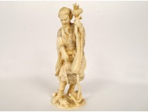 Okimono ivory carved man toad snake stick Japan Meiji 19th century