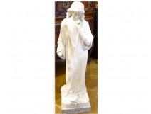 Large white marble sculpture of a pensive woman holding a torch Art Nouveau late 19th century