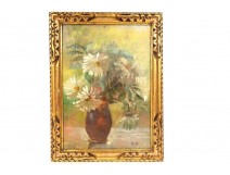 HST painting Marceron-Maille still life bouquet of flowers gilded frame 19th century