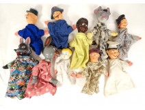 Set of 10 puppet theater puppets: wolf, donkey, dog, Pierrot, policeman