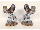 Pair of Emile Gallé Nancy earthenware candlesticks with lions, Imari decor, 19th century