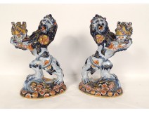 Pair of Emile Gallé Nancy earthenware candlesticks with lions, Imari decor, 19th century