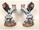 Pair of Emile Gallé Nancy earthenware candlesticks with lions, Imari decor, 19th century