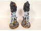 Pair of Emile Gallé Nancy earthenware candlesticks with lions, Imari decor, 19th century