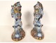 Pair of Emile Gallé Nancy earthenware candlesticks with lions, Imari decor, 19th century