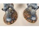 Pair of Emile Gallé Nancy earthenware candlesticks with lions, Imari decor, 19th century