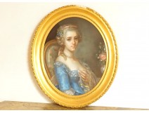 Pastel painting on canvas portrait of young elegant woman 18th century pearls 19th century