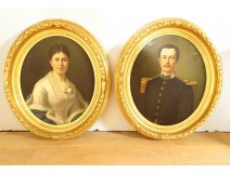 Pair of HST portraits of the wife of the Marquis de Bellevue in uniform F. Birotheau, 19th century