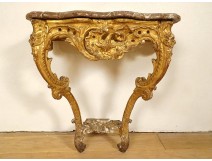 Louis XV console, carved wood, gilded rockery shell, marble, 18th century