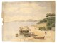 Watercolor Henri Laurent Mouren landscape Mediterranean seaside boats 19th century