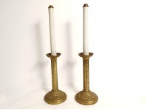 Pair of church candlesticks, spring-loaded torches, gilded brass, ivy, 19th century