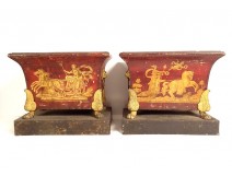 Pair of Empire planters, painted sheet metal, gilding, mythological chariot gods, 19th century