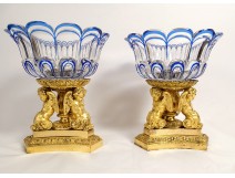 Pair of centerpiece cups signed Thomire gilded bronze cherubs crystal 19th century