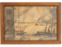 Watercolor Louis Robert Antral view of port boats Le Havre Normandy 20th century