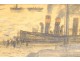 Watercolor Louis Robert Antral view of port boats Le Havre Normandy 20th century