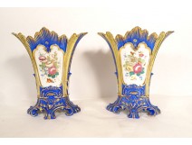 Pair of polychrome Paris porcelain vases Louis-Philippe flowers 19th century