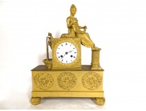 Empire clock gilded bronze young woman shepherdess fountain dolphin flowers 19th century