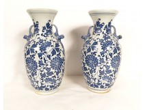 Pair of Chinese porcelain baluster vases, white and blue, peonies, Chenghua, 20th century