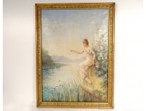 Large HST painting young woman fishing river landscape flowers Art Nouveau 19th