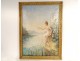 Large HST painting young woman fishing river landscape flowers Art Nouveau 19th