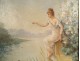 Large HST painting young woman fishing river landscape flowers Art Nouveau 19th