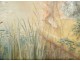 Large HST painting young woman fishing river landscape flowers Art Nouveau 19th