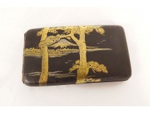 Cigarette case box metal damascened gold silver Japan Komai Mount Fuji 19th century