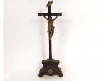 Crucifix Christ cross blackened polychrome wood reliquary 18th century