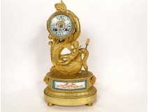 Restoration clock gilded bronze porcelain Sèvres Love swan dolphin 19th century