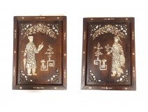 Pair of decorative panels in mother-of-pearl wood, characters from Vietnam, Indochina, 19th century