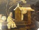 Tea box lacquered wood gilded Chinese characters pagodas garden China 19th century