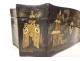 Tea box lacquered wood gilded Chinese characters pagodas garden China 19th century