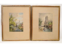 Pair of Watercolours, with laundry and fishing scenes, by Emile Laborne, nineteenth