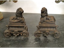 Pair of Cast iron andirons in the shape of lions and decorated with foliage, Napoleon III nineteenth