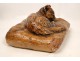 Terracotta sculpture, Cat on a cushion, signed Marguerite Monot twentieth