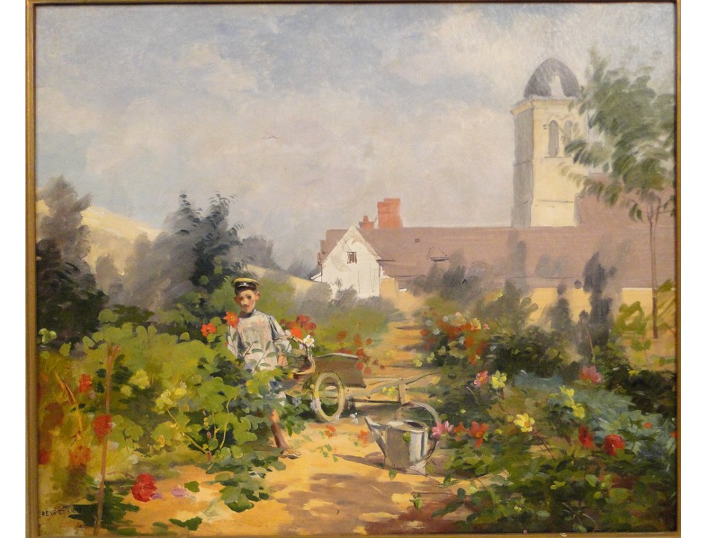 Oil on canvas Young gardener, René Etienne, nineteenth